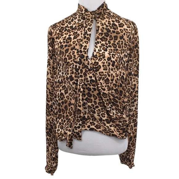 Nicholas Blouse Womens 4 Brown Black Silk Leopard Print‎ Tie Front High Neck - Picture 1 of 16